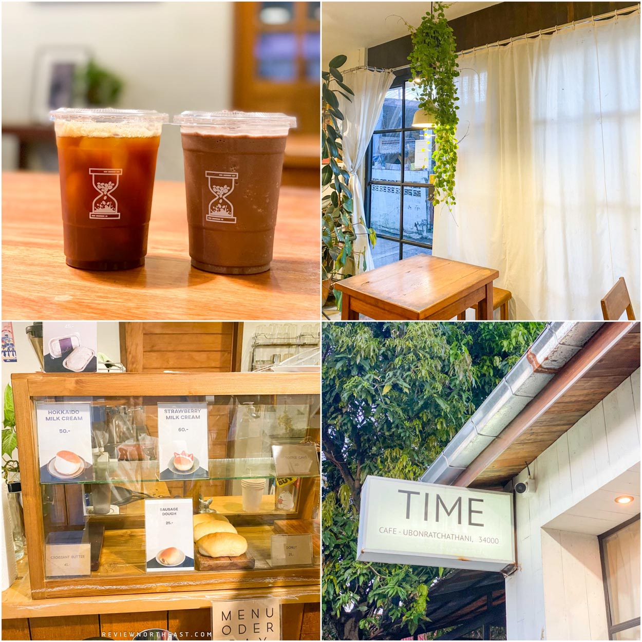 Time cafe คาเฟ่อุบลราชธานี โทนมินิมอลภายในร้านตกแต่งด้วยสีขาวสลับน้ำตาล